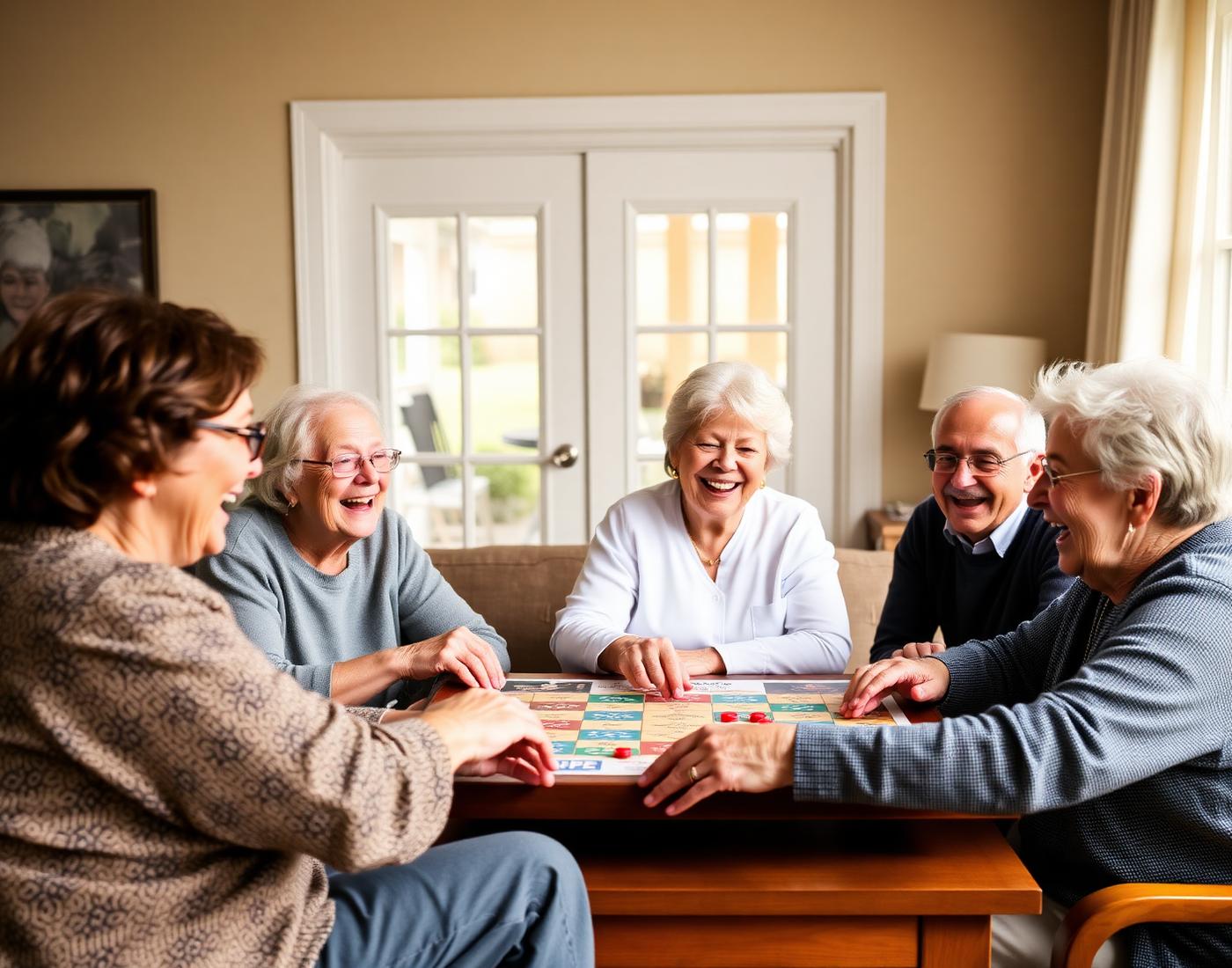 Older adults and a caregiver laughing together over a board game
